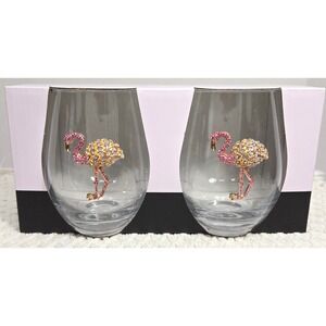 Rachel Zoe Rhinestone Pink Flamingo Stemless Wine Glass Bling Tropical Set of 2